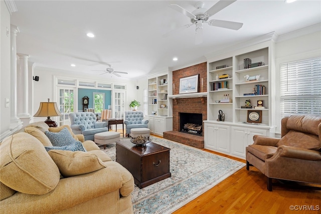 9929 Eildonway Pl, Henrico, VA 23238 - living area featuring ceiling fan, decorative columns, light wood finished floors, recessed lighting, and crown molding