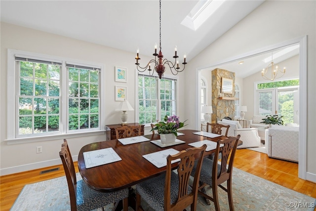 9929 Eildonway Pl, Henrico, VA 23238 - dining room featuring a chandelier, plenty of natural light, lofted ceiling, and light wood finished floors