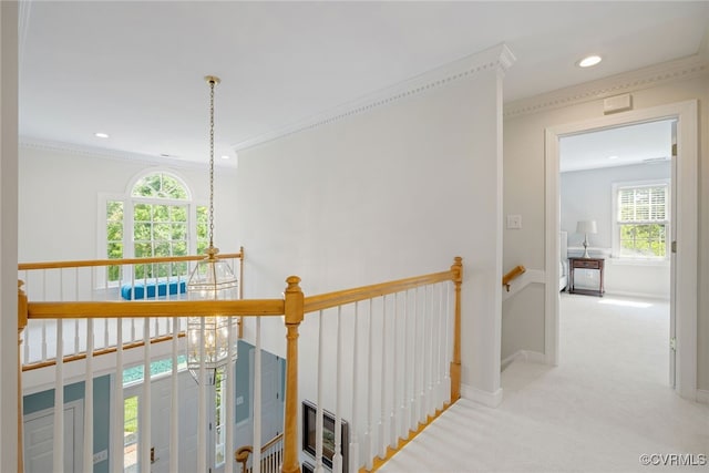 9929 Eildonway Pl, Henrico, VA 23238 - hall with carpet flooring, an upstairs landing, recessed lighting, and crown molding
