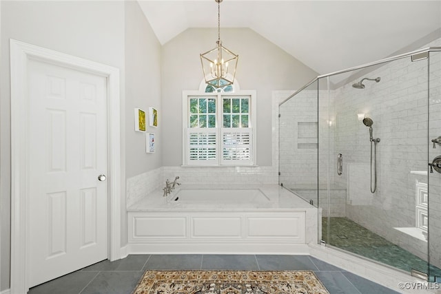9929 Eildonway Pl, Henrico, VA 23238 - full bathroom featuring tile patterned flooring, a bath, a stall shower, vaulted ceiling, and a chandelier