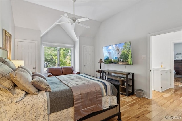 8256 Greystone W Cir, Henrico, VA 23229 - bedroom featuring light wood-style floors, high vaulted ceiling, and ceiling fan