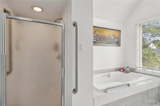 8256 Greystone W Cir, Henrico, VA 23229 - bathroom with a shower stall, a bath, and lofted ceiling