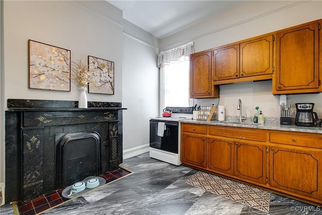 1320 W Main St, Richmond, VA 23220 - kitchen featuring electric range, brown cabinets, and dark marble finish floors