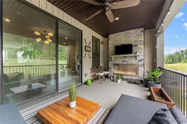 2133 Cantina Ln, Midlothian, VA 23114 - view of patio featuring an outdoor stone fireplace and a ceiling fan