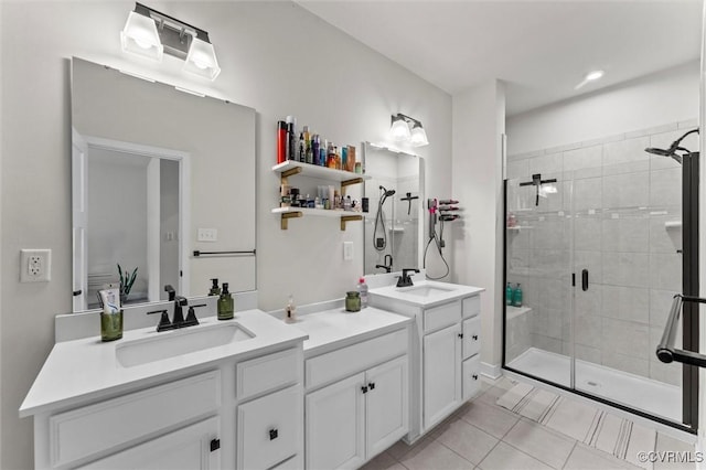 2133 Cantina Ln, Midlothian, VA 23114 - bathroom with double vanity, a shower stall, and tile patterned floors
