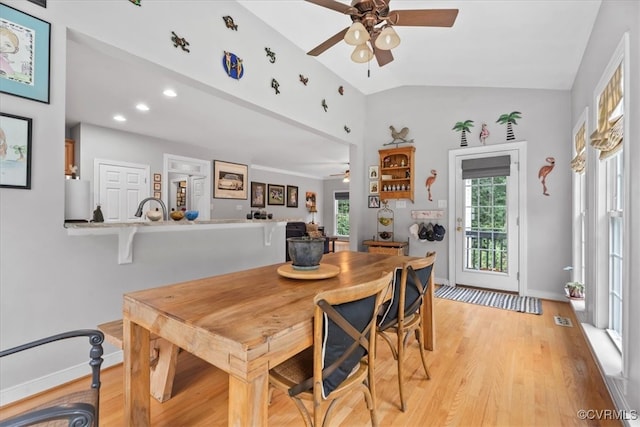 24000 Pear Orchard Rd, Moseley, VA 23120 - dining area featuring ceiling fan, vaulted ceiling, plenty of natural light, light wood-type flooring, and recessed lighting