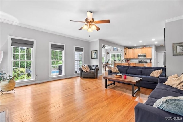 24000 Pear Orchard Rd, Moseley, VA 23120 - living area with a ceiling fan, healthy amount of natural light, light wood-type flooring, ornamental molding, and recessed lighting