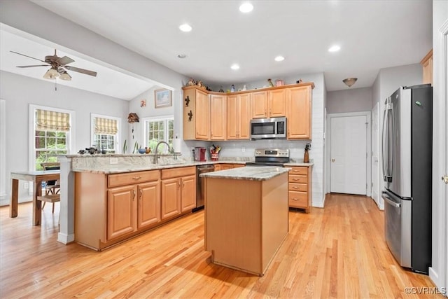 24000 Pear Orchard Rd, Moseley, VA 23120 - kitchen featuring appliances with stainless steel finishes, vaulted ceiling, a peninsula, light brown cabinetry, and light wood finished floors
