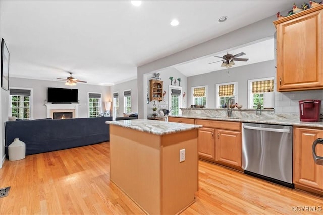 24000 Pear Orchard Rd, Moseley, VA 23120 - kitchen featuring stainless steel dishwasher, a ceiling fan, open floor plan, a center island, and recessed lighting