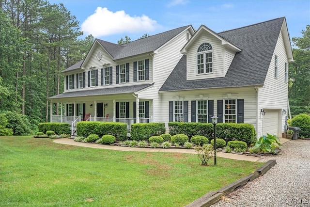 24000 Pear Orchard Rd, Moseley, VA 23120 - view of front of house featuring covered porch, a garage, a front yard, roof with shingles, and driveway