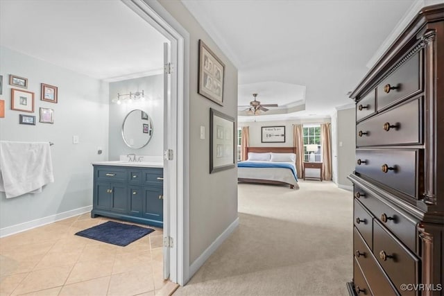 24000 Pear Orchard Rd, Moseley, VA 23120 - ensuite bathroom featuring vanity, a ceiling fan, tile patterned floors, and ornamental molding