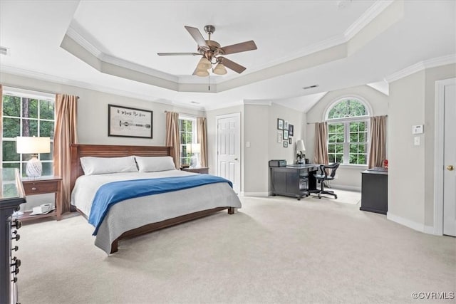 24000 Pear Orchard Rd, Moseley, VA 23120 - bedroom featuring light colored carpet, ornamental molding, a tray ceiling, an office area, and ceiling fan