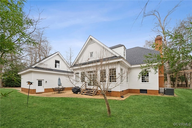 88 Holly Grv, Jamestown, VA 23185 - rear view of house featuring a yard, roof with shingles, a chimney, crawl space, and a patio