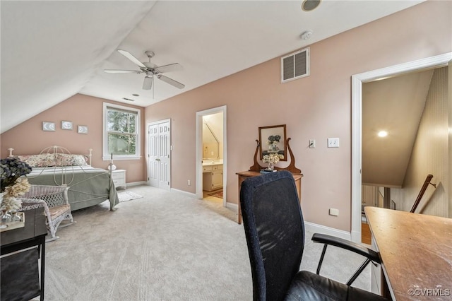 88 Holly Grv, Jamestown, VA 23185 - bedroom featuring vaulted ceiling, light carpet, a ceiling fan, and ensuite bathroom