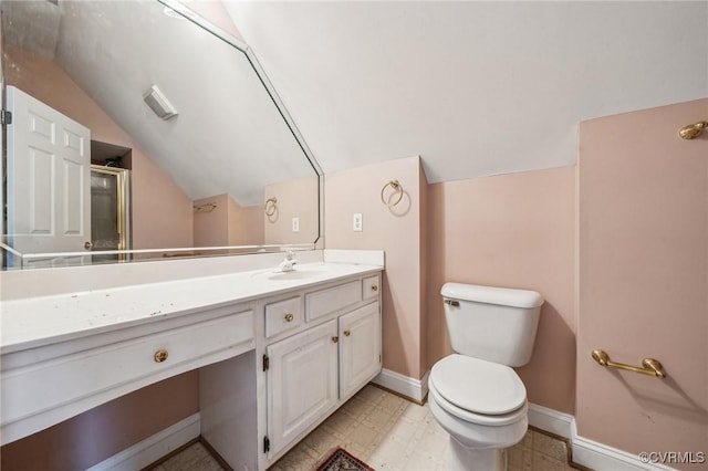 88 Holly Grv, Jamestown, VA 23185 - bathroom featuring vaulted ceiling, vanity, tile patterned floors, and a shower