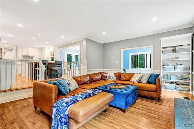 13904 Sunrise Bluff Rd, Chesterfield, VA 23112 - living room with ornamental molding, light wood-style flooring, and recessed lighting