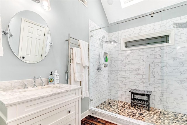 13904 Sunrise Bluff Rd, Chesterfield, VA 23112 - full bathroom with a stall shower, vanity, and lofted ceiling