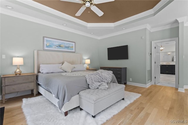 3808 Solebury Pl, Midlothian, VA 23113 - bedroom with a tray ceiling, wood finished floors, crown molding, ensuite bath, and ceiling fan
