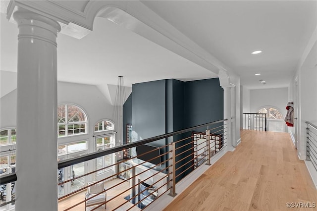 3808 Solebury Pl, Midlothian, VA 23113 - hall with an upstairs landing, ornate columns, wood finished floors, and recessed lighting