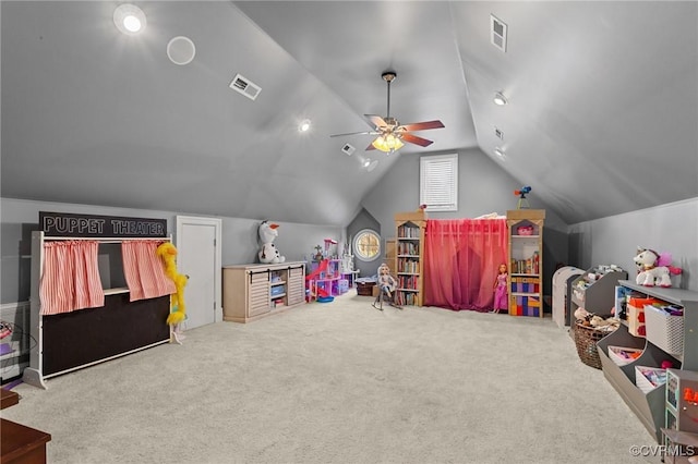 3808 Solebury Pl, Midlothian, VA 23113 - rec room featuring carpet flooring, vaulted ceiling, and ceiling fan