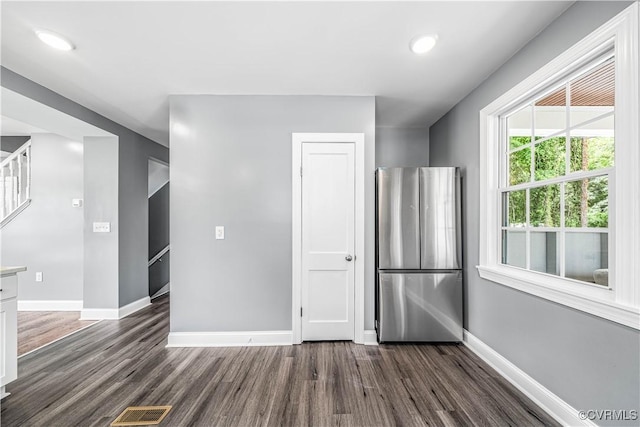 21405 Chesterfield Ave, Chesterfield, VA 23803 - kitchen featuring freestanding refrigerator, dark wood-type flooring, and recessed lighting