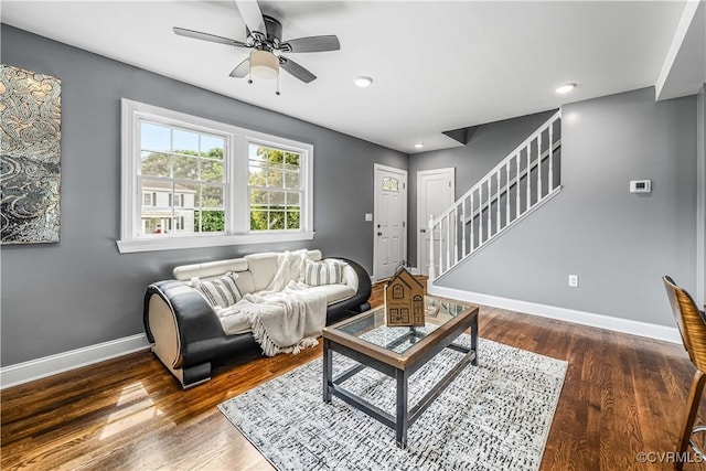 21405 Chesterfield Ave, Chesterfield, VA 23803 - living room with stairway, wood finished floors, a ceiling fan, and recessed lighting