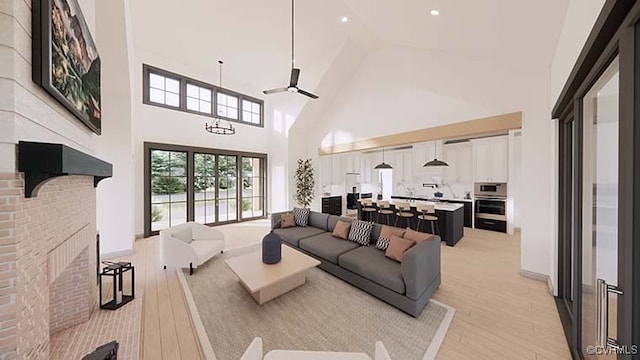 18122 Dogwood Trail Way, Hanover, VA 23146 - living area featuring high vaulted ceiling, a brick fireplace, light wood finished floors, and a ceiling fan