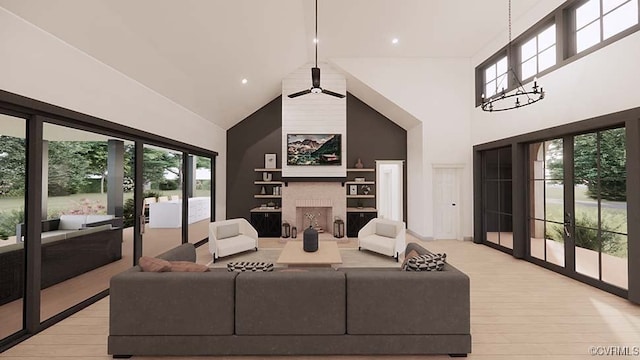 18122 Dogwood Trail Way, Hanover, VA 23146 - living room featuring high vaulted ceiling, healthy amount of natural light, a fireplace, light wood finished floors, and recessed lighting