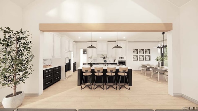 18122 Dogwood Trail Way, Hanover, VA 23146 - kitchen featuring stainless steel oven, a kitchen breakfast bar, dark cabinetry, vaulted ceiling, and light countertops