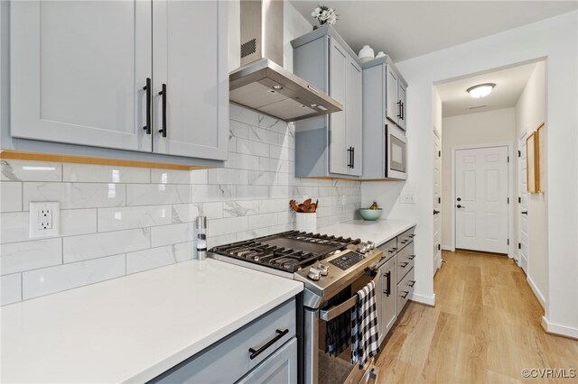 18517 Palisades Rdg, Moseley, VA 23120 - kitchen featuring wall chimney range hood, appliances with stainless steel finishes, gray cabinets, and light countertops