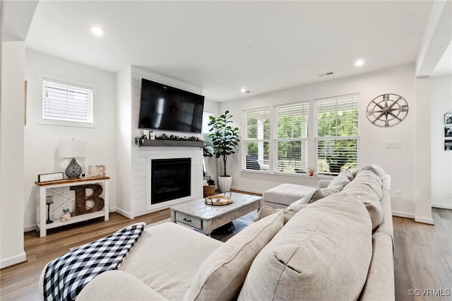 18517 Palisades Rdg, Moseley, VA 23120 - living room featuring a fireplace, healthy amount of natural light, light wood-style flooring, and recessed lighting