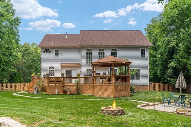 3541 Kings Farm Dr, Midlothian, VA 23113 - rear view of house featuring a gazebo, an outdoor fire pit, a deck, a patio area, and crawl space