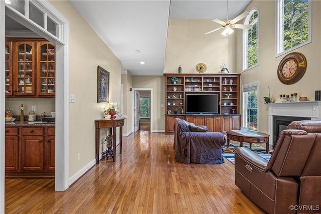 3541 Kings Farm Dr, Midlothian, VA 23113 - living room with light wood-type flooring, a glass covered fireplace, plenty of natural light, a high ceiling, and recessed lighting