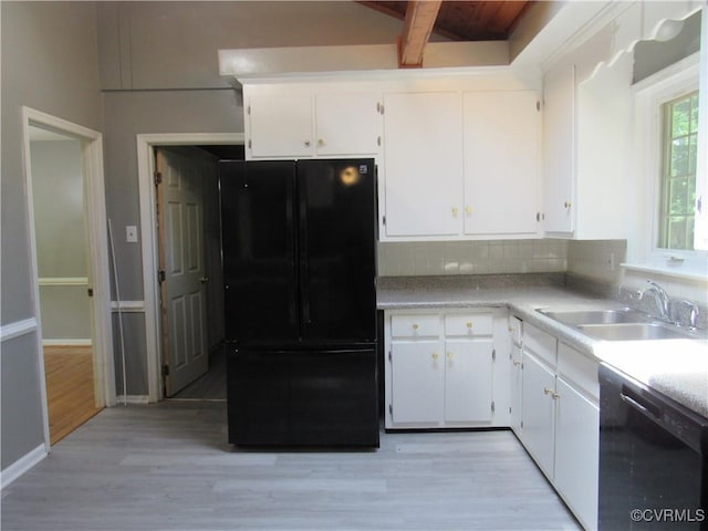 10212 Sauna Dr, North Chesterfield, VA 23236 - kitchen with black appliances, white cabinetry, light wood-style flooring, and beam ceiling