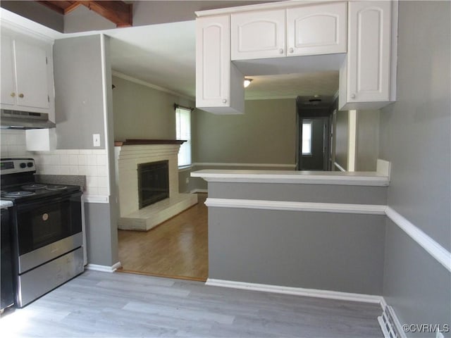 10212 Sauna Dr, North Chesterfield, VA 23236 - kitchen featuring stainless steel electric range oven, under cabinet range hood, white cabinetry, light wood-style flooring, and decorative backsplash