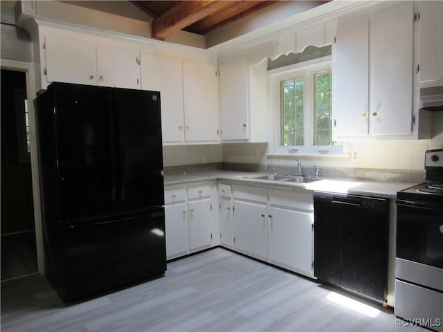 10212 Sauna Dr, North Chesterfield, VA 23236 - kitchen with black appliances, backsplash, white cabinetry, beam ceiling, and under cabinet range hood
