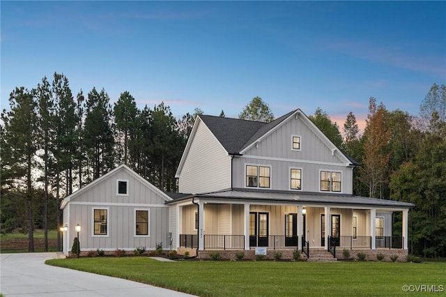 TBD Springfield Rd, Goochland, VA 23063 - modern farmhouse with board and batten siding, a porch, a front lawn, a standing seam roof, and a metal roof
