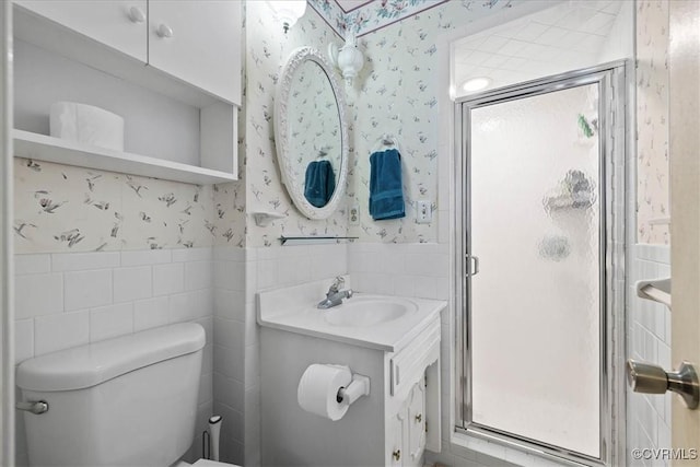 5205 Jerral Dr, Prince George, VA 23875 - full bath with wallpapered walls, vanity, a stall shower, and tile walls