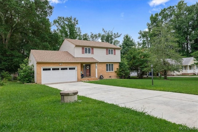 5205 Jerral Dr, Prince George, VA 23875 - view of front facade featuring an attached garage, brick siding, driveway, a front lawn, and a shingled roof