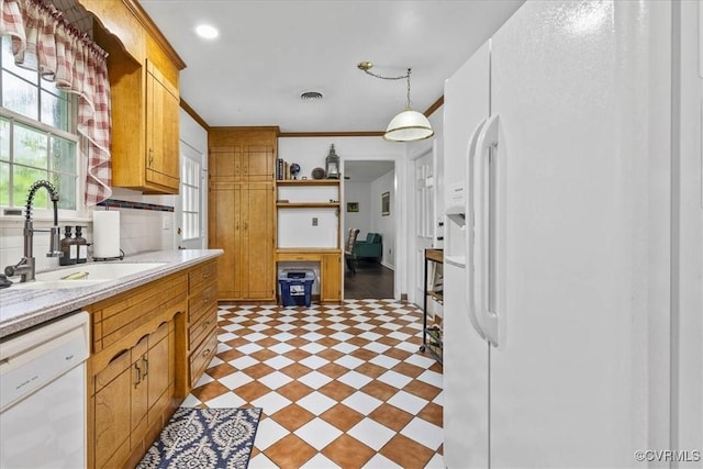 5205 Jerral Dr, Prince George, VA 23875 - kitchen featuring white appliances, light countertops, tasteful backsplash, open shelves, and hanging light fixtures