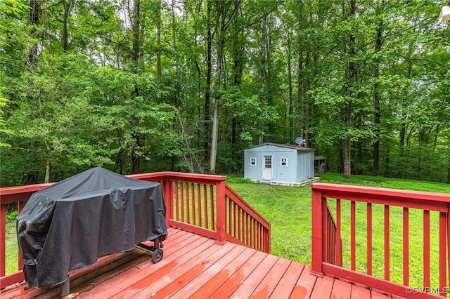 9118 Epps Rd, Mechanicsville, VA 23111 - wooden deck featuring grilling area, a yard, and a storage unit