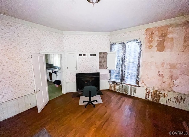 22446 E Depot St, Newsoms, VA 23874 - unfurnished office with ornamental molding, dark wood-style flooring, and wallpapered walls
