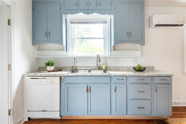 2711 Maplewood Rd, Henrico, VA 23228 - kitchen featuring white dishwasher, an AC wall unit, blue cabinetry, and light countertops