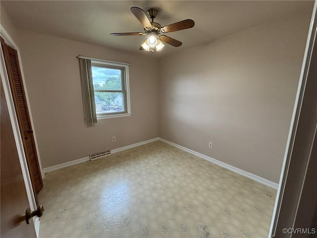 unfurnished bedroom with a closet, a ceiling fan, and light floors