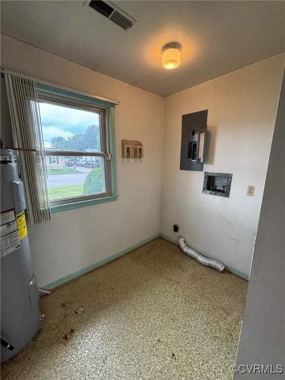 laundry room with electric water heater and electric panel