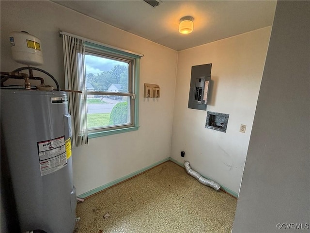 laundry room with electric water heater, electric panel, hookup for an electric dryer, carpet flooring, and washer hookup