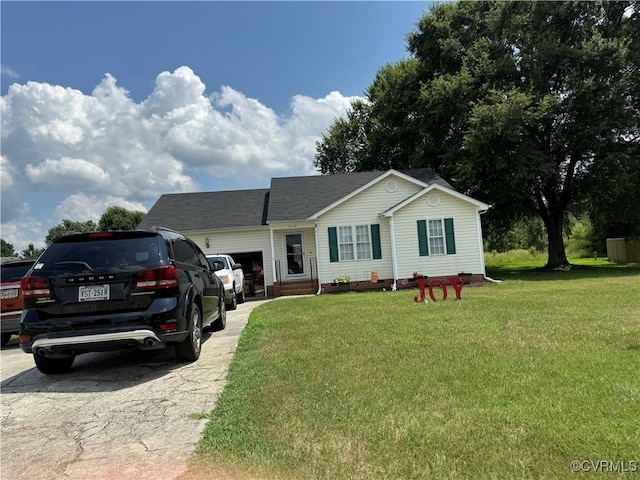 21338 Deodora Ct, Petersburg, VA 23803 - ranch-style home with concrete driveway, a front yard, a shingled roof, and an attached garage