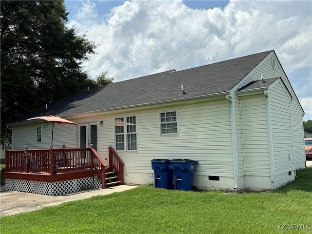 21338 Deodora Ct, Petersburg, VA 23803 - back of property with crawl space, a deck, a lawn, and french doors