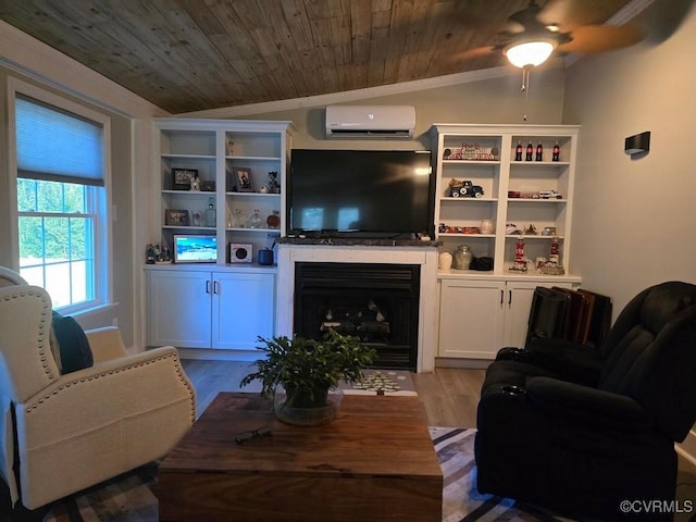 10818 Sebring Dr, Henrico, VA 23233 - living area with a wall unit AC, wood ceiling, ceiling fan, ornamental molding, and a fireplace