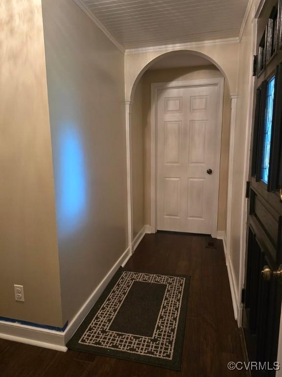 10818 Sebring Dr, Henrico, VA 23233 - hallway with ornamental molding, dark wood-style floors, and arched walkways